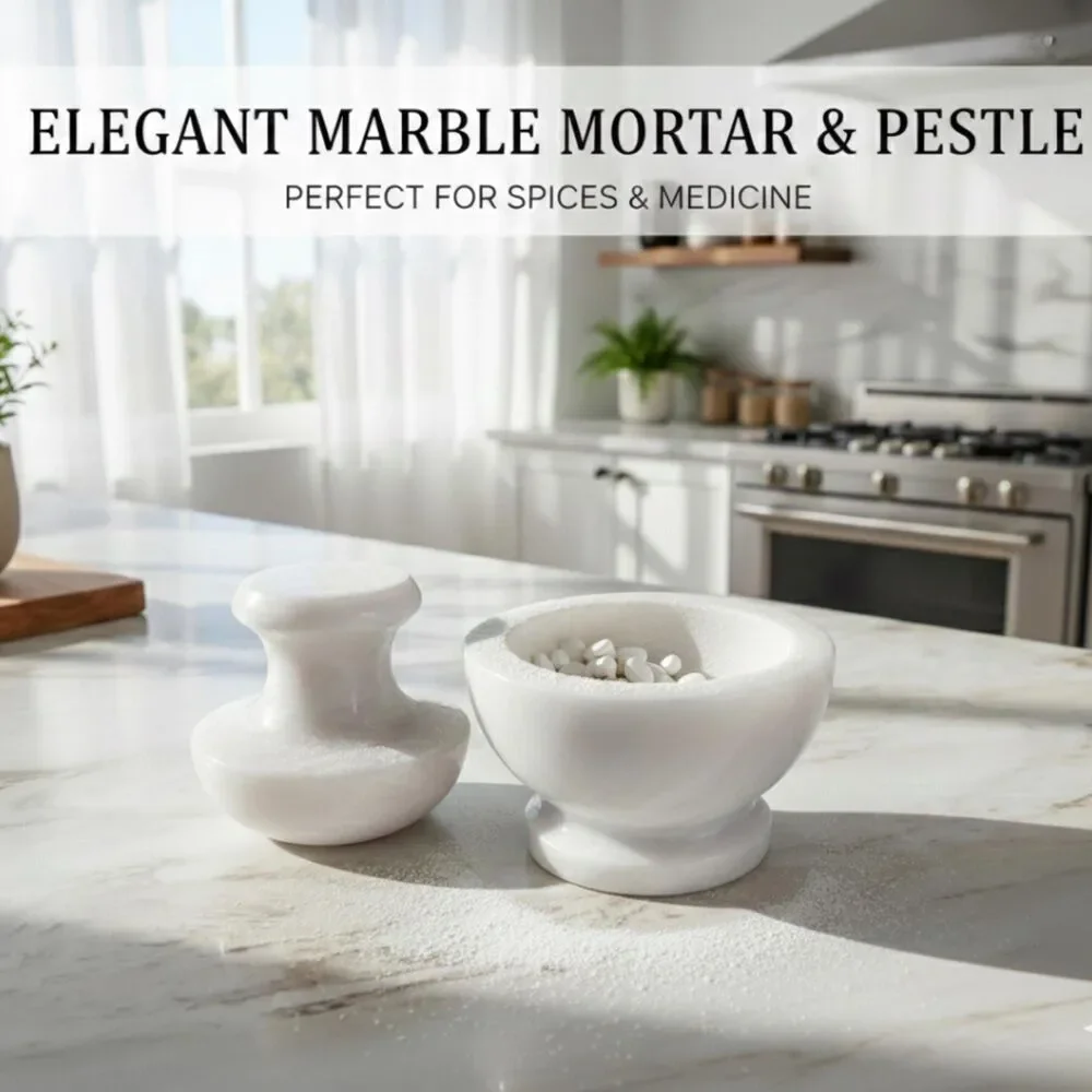 Marble Mushroom Mortar & Pestle Set, Herb Grinder Kitchen Decor, white marble